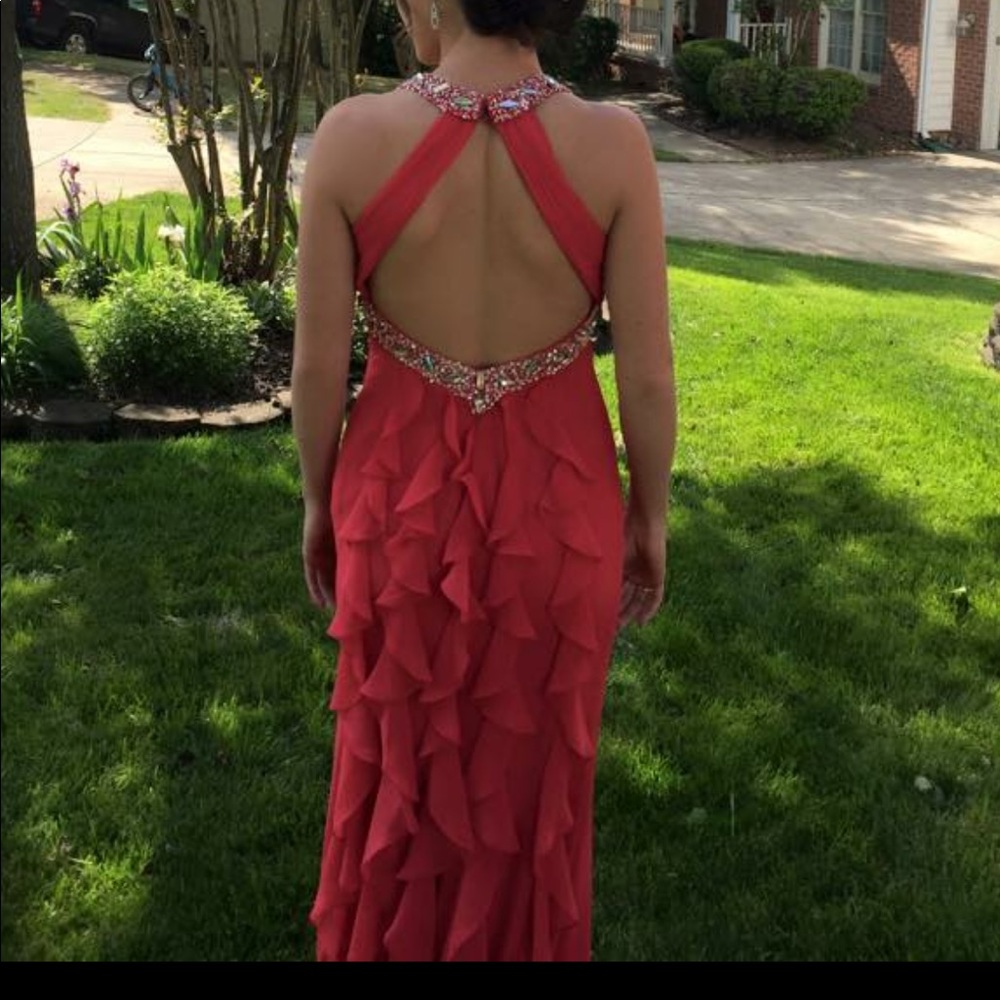 Red floor length formal prom dress